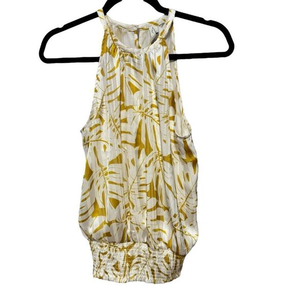 Joie Palm Leaf Print Smocked Waist Yellow and White Halter Top Blouse - Picture 2 of 9